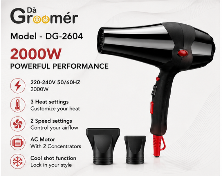 DG-2604 Professional Salon Hair Dryer - 2000W High Power AC Motor Blow Dryer with 2 Concentrator Nozzles & Cool Shot