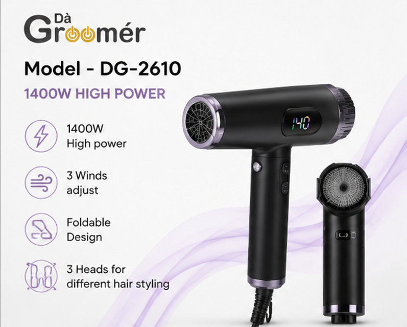 DG-2610 Foldable Ionic Hair Dryer - 1400W High Power Professional Blow Dryer with LED Display & 3 Styling Attachments